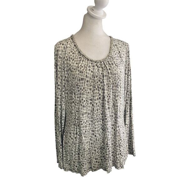 Charter Club XL Beaded Neck Leopard Print Top Womens Long Sleeve Blouse - Picture 5 of 6